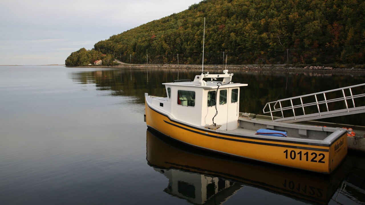 A fishing boat is docked at the Ingonish Landing Marina at Hawleys Cove.