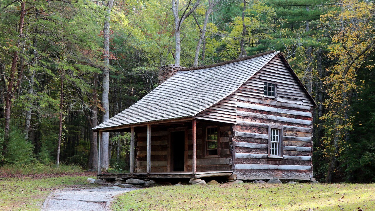 Cades Cove features historic cabins.