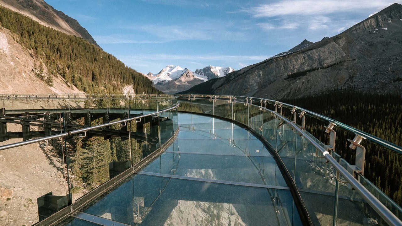 The Columbia Icefield Skywalk rises 918 feet above the Sunwapta River.