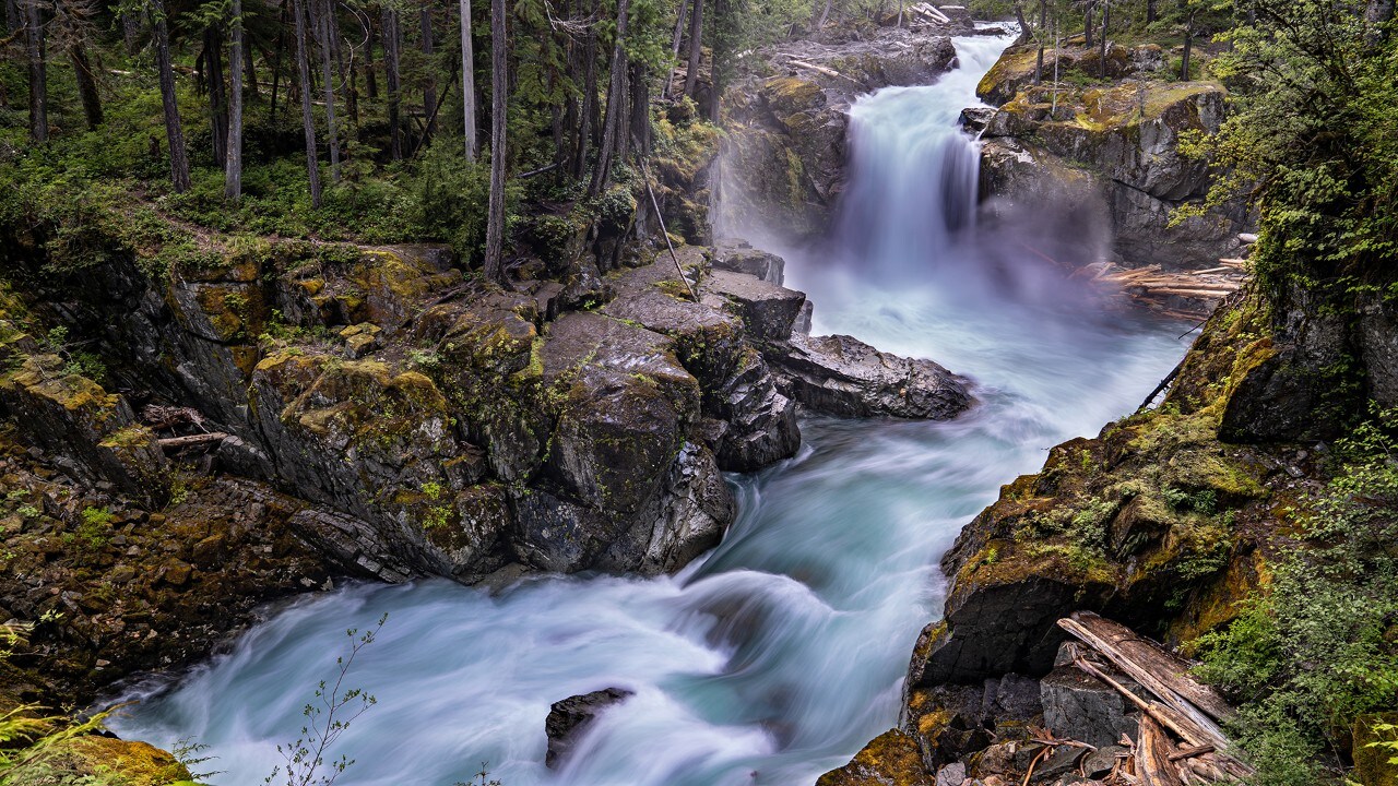 The 2.7-mile Silver Falls Loop Trail leads to a roaring waterfall. 