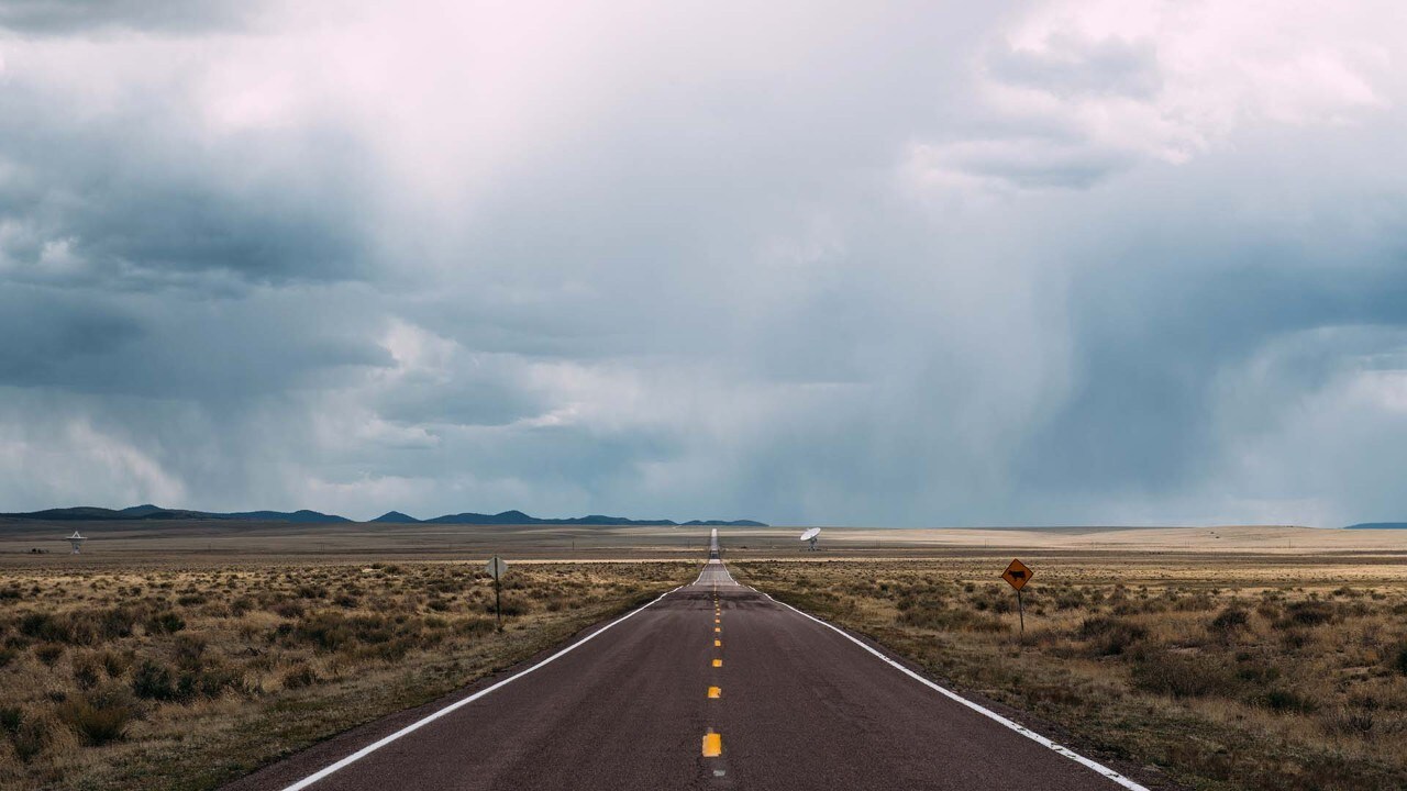 Highway 52 stretches toward the Very Large Array, a radio astronomy observatory.