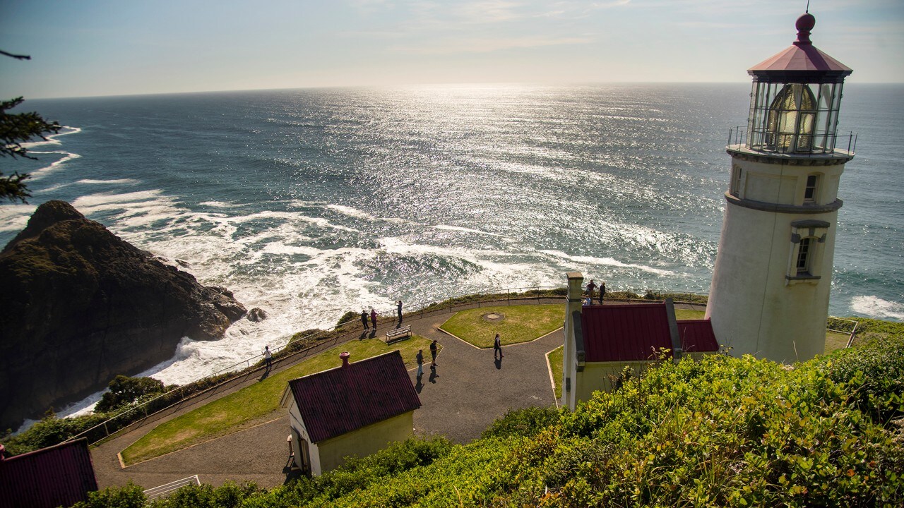 Heceta Head Lighthouse near Florence, Oregon, rests 200 feet above the Pacific Ocean.