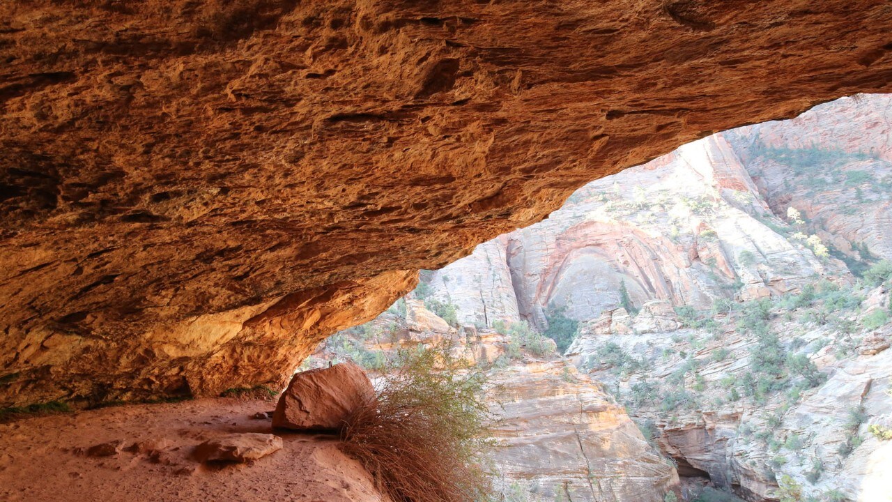 Early morning sunlight turns the rocks orange on the Canyon Overlook Trail.