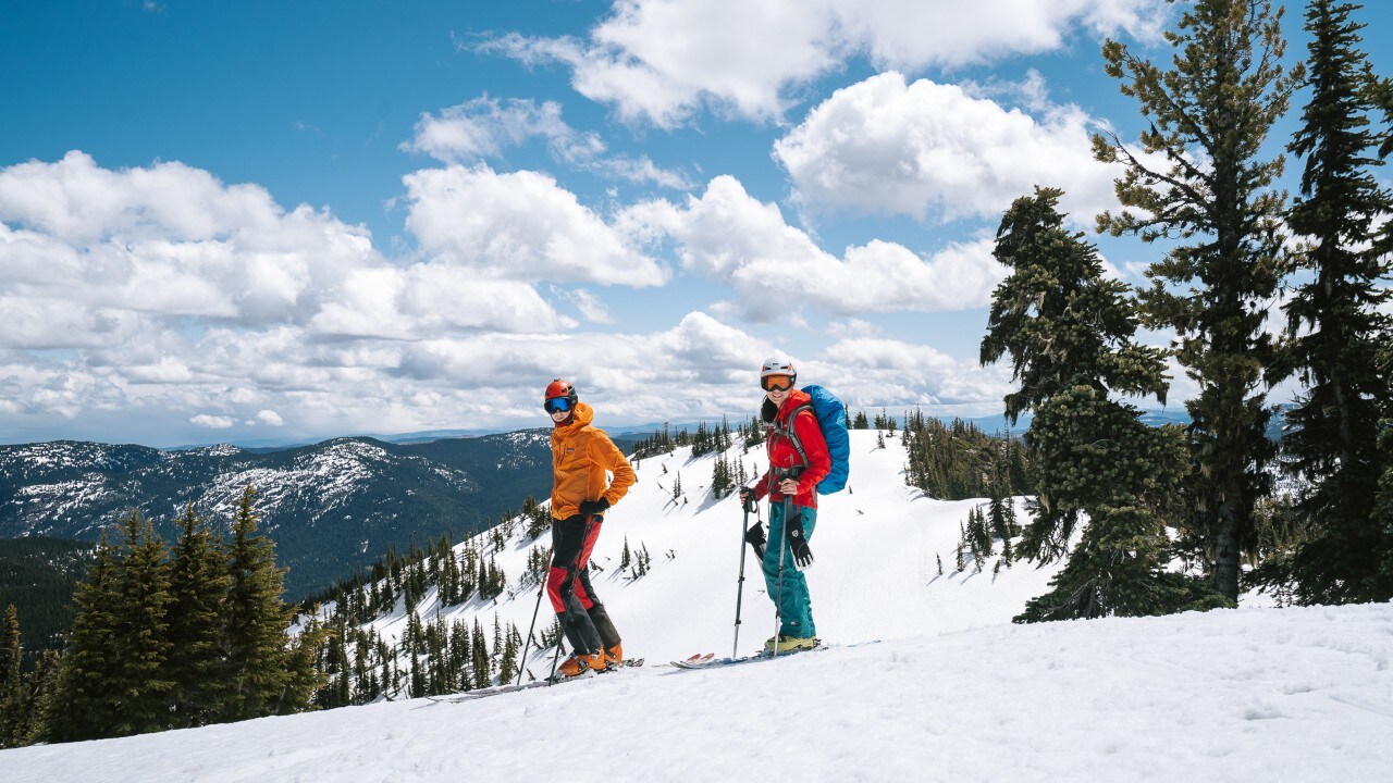 The author (right) and Nic begin their ski trip down from Coquihalla Summit.