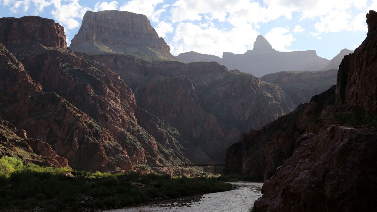 The Bright Angel Trail runs along the Colorado River.