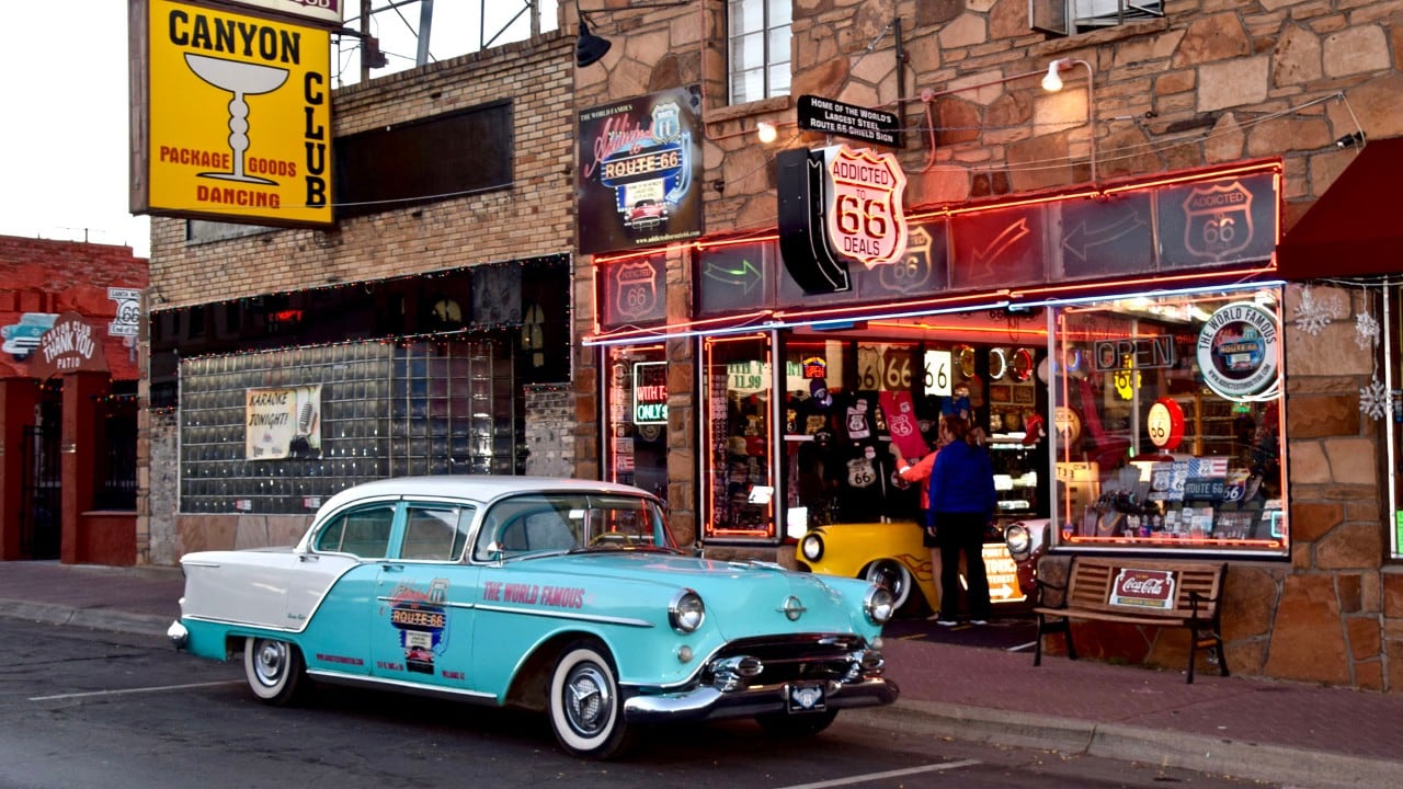 The main street of Williams, Ariz., celebrates its Route 66 heritage.