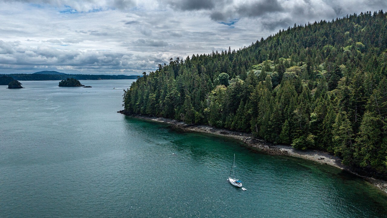 A sailbot skirts around Cypress Island.