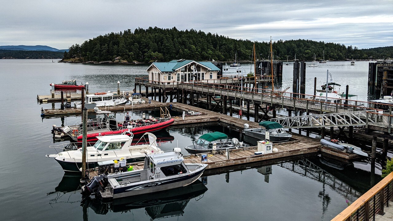 Boats lay moored in Friday Harbor at San Juan Island.