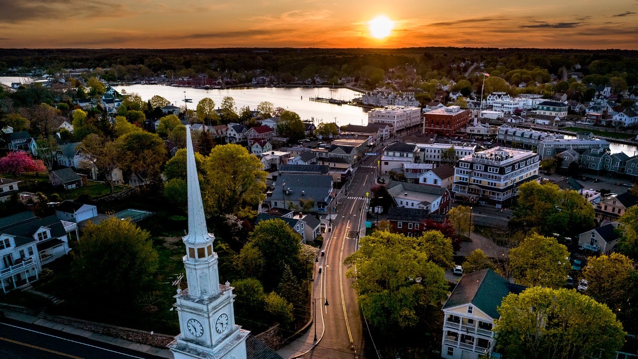 The steeple of Union Baptist Church towers over Mystic.