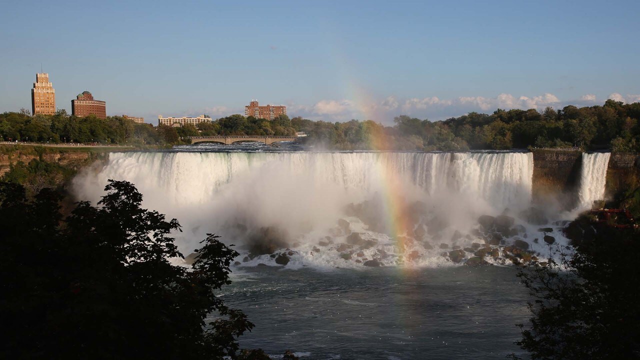 A rainbow appears near American Falls.