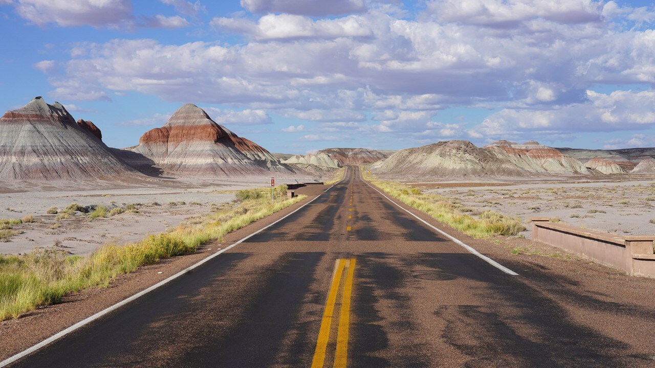 The road through Petrified Forest passes by the Teepee formations.