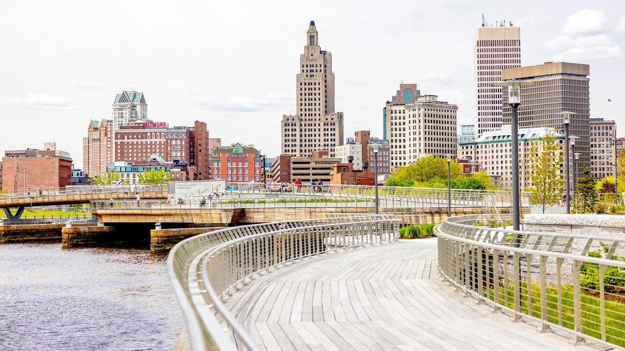 Providence's skyline rises above the Providence River Pedestrian Bridge.