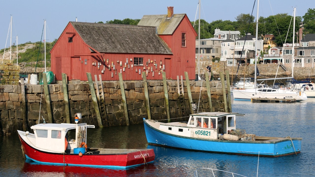 Boats lay moored in Rockport Bay.