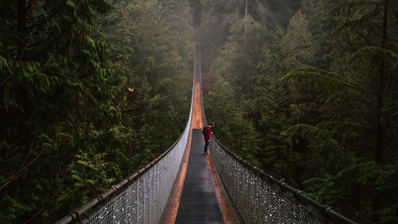 Nicky walks across Capilano Suspension Bridge on a misty November morning. 