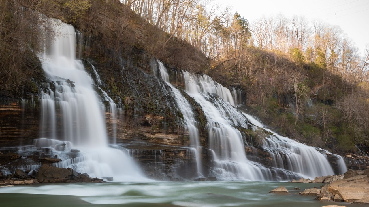 At Twin Falls in Rock Island State Park, the water flows through the rocks.