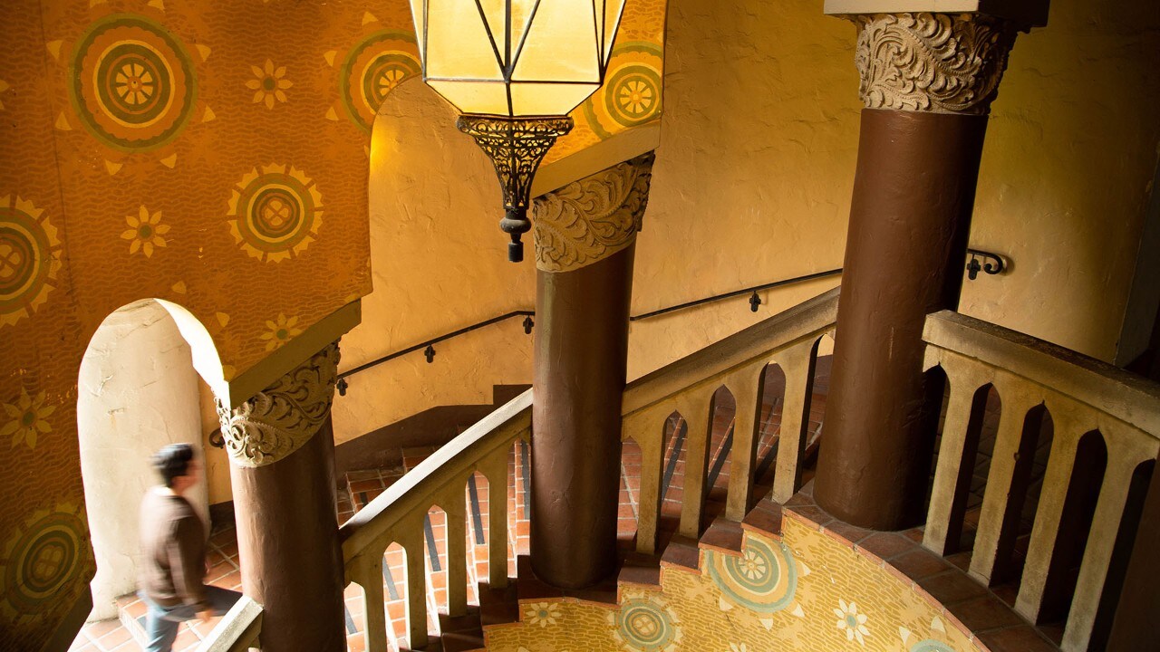 Michael walks to the bell tower at the Santa Barbara County Courthouse.