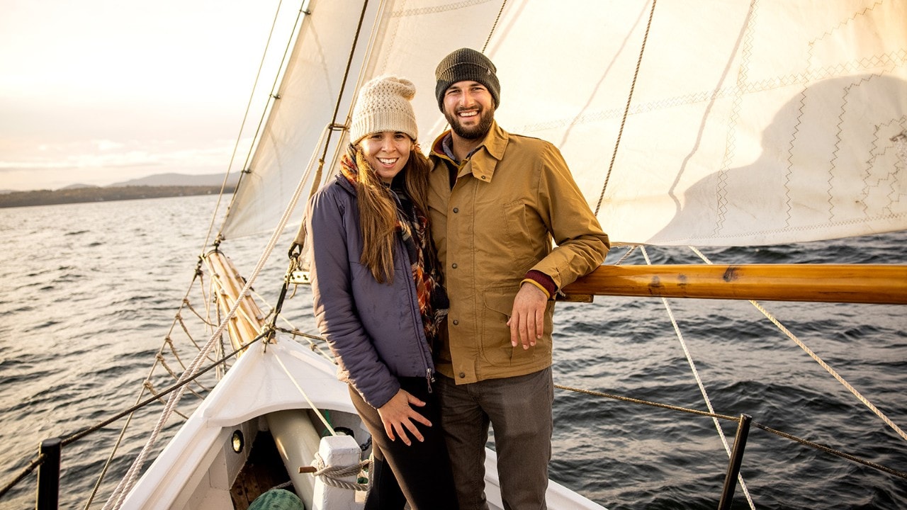 The author and Sarah take a sunset cruise on the Schooner Suprise in Camden.